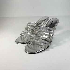 The Touch of Nina Silver Super Sparkly Slide 3.5" Lucite Hi Heel Shoes‎ Sz 7.5 M